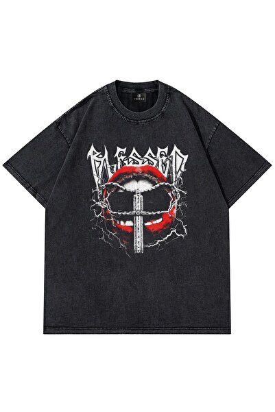 Trendiz Unisex Μπλουζάκι με σχέδιο Blessed Lips, που πλένεται, σε ανθρακί