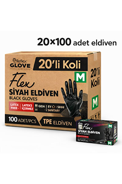 Reflex Flex Eldiven 20 Kutu Tek Kullanımlık TPE Pudrasız Siyah M Beden Eldive...