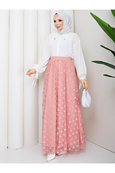 asyadabutik Women's Lace Fabric Polka Dot Detailed Lined Plus Size Skirt