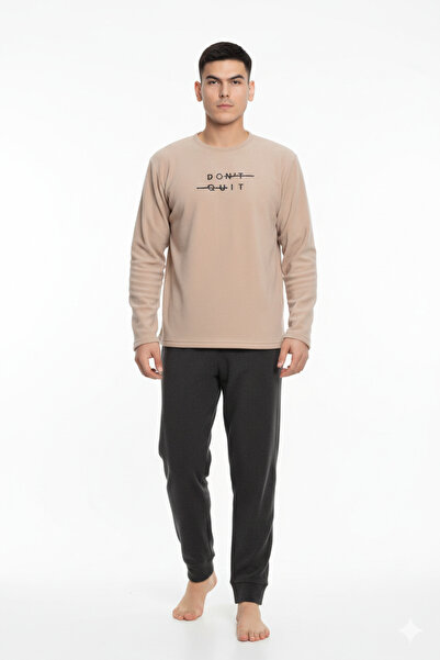 Sude Men's cold season pajamas cream & dark grey "DON'T QUIT" - polar material