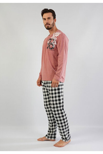 VİENETTA Men's Cotton Pajamas, Powder Pink with Printed , Pants and Long Sleeves