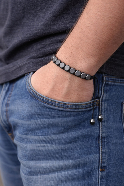 MODA MANANI Men's Hexagon Beaded Bracelet Adjustable Drawstring Silver Color