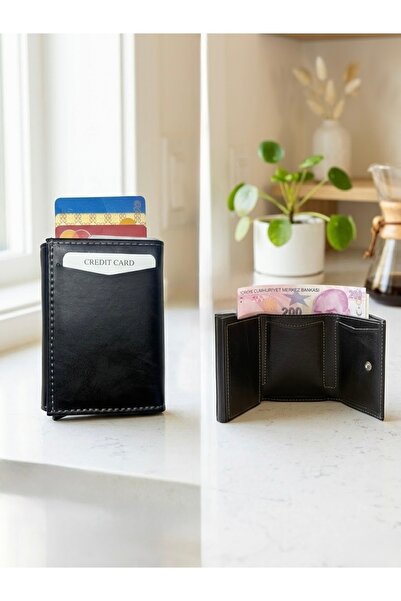 özdohobi Leather Mechanism Wallet Automatic Cash Coin Divider with Slide