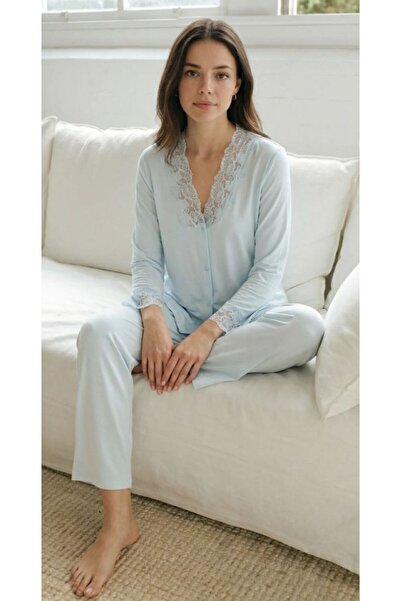 Espuar Set de pijamale cu mânecă lungă, cu nasturi, pentru femei, bumbac pies...