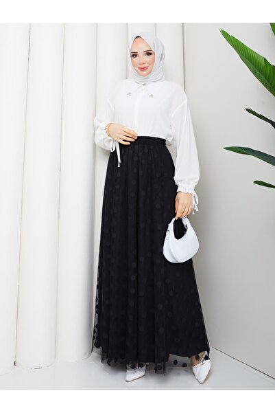 asyadabutik Women's Lace Fabric Polka Dot Detailed Lined Plus Size Skirt