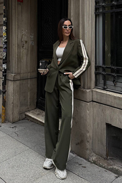 Ortaya Çık Khaki Striped Detail Sporty Stylish Women's Suit