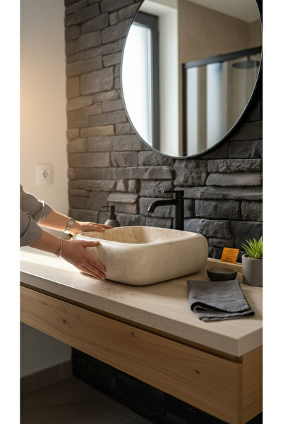 Polen Stone Doğal Traverten Çanak Lavabo - 40x40x13 cm - Kare Form - El İşçiliği