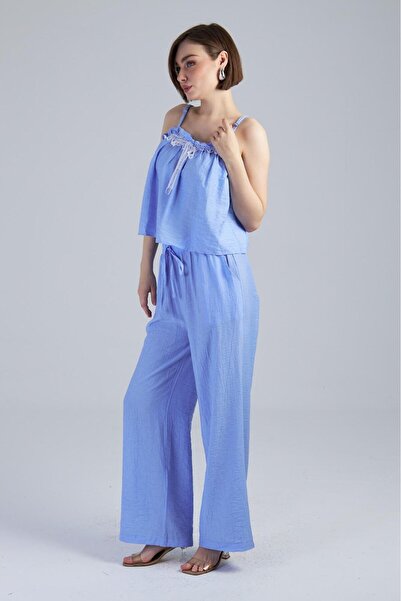 Captival Women's Blue Bürümcük Textured Strap Double Set - D Lace Detailed Pa...