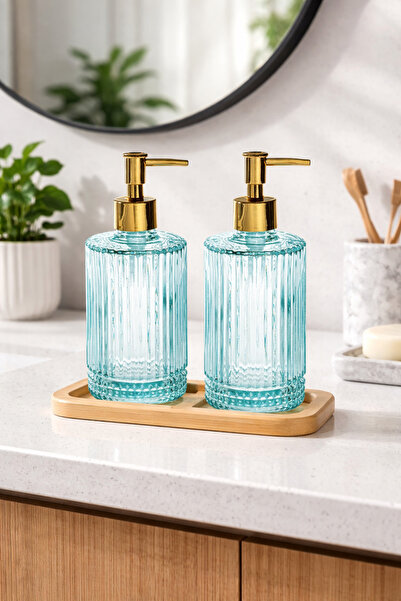 Padilon 2-Piece Glass Liquid Soap Dispenser with Wooden Stand 500 ml Decorati...