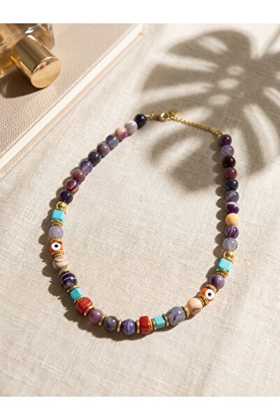 SR Jewelry Box Mor Boncuk Kolye – Nazar Detaylı Renkli Doğal Taş Etnik Tasarım