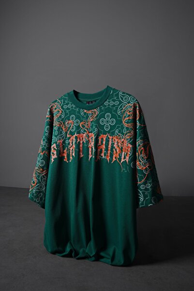 Slatra تيشيرت رجالي أخضر اللون من Slatraism Embossed مطبوع كبير الحجم