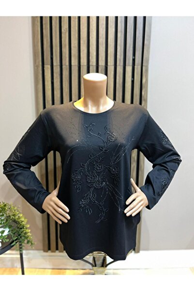 AKMAVİ Women's Middle Age and Above Round Neck Viscose Papatya Patterned Ston...