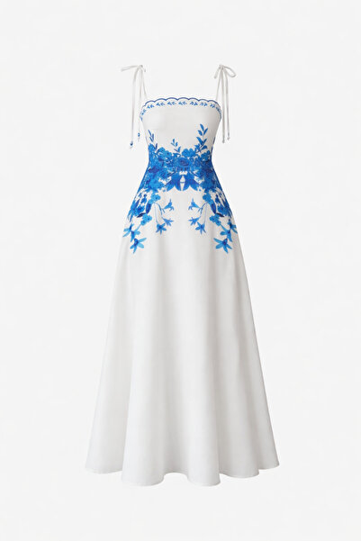 HAZELANNA Mavi Çiçek Desenli Askılı Maxi Elbise