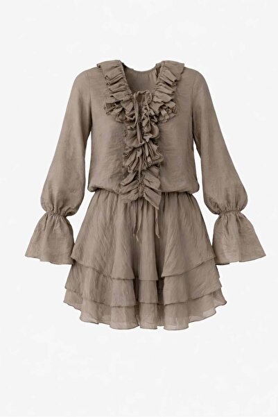 HAZELANNA Collar Flounced Rose Mink Dress