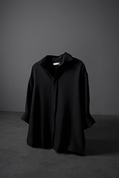 Slatra Men's Black Lightweight Textured Long Sleeve Oversized Shirt