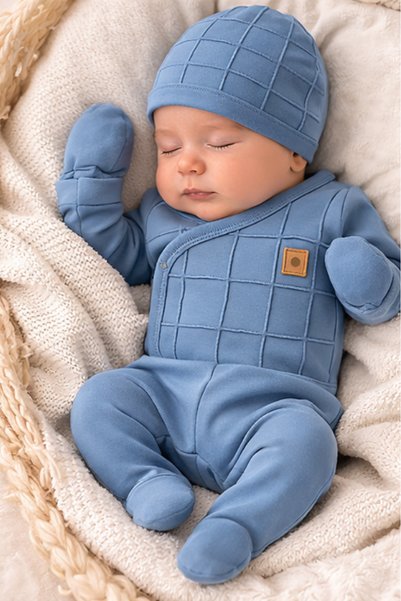 Bamoola Organic Baby Boy Square Patterned 5-Piece Jumpsuit Hospital Release Newborn Outfit Baby Bib