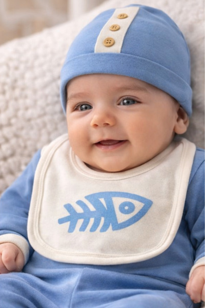 Bamoola Organic Male Baby Fish Patterned 5-Piece Jumpsuit Hospital Release Newborn Outfit Baby Bib