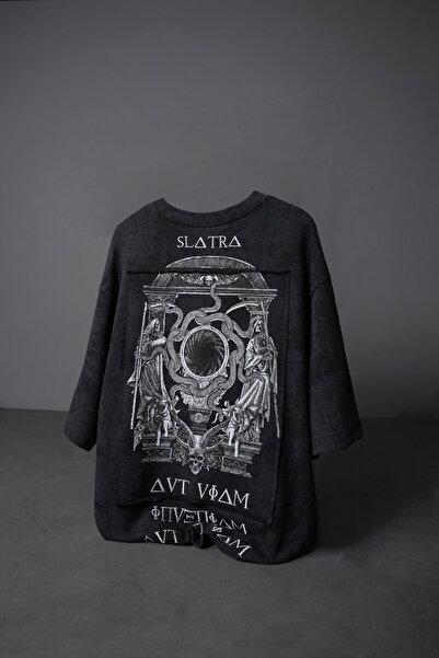 Slatra Erkek Siyah İnveniam Patchli Oversize Yıkama Efektli Tshirt