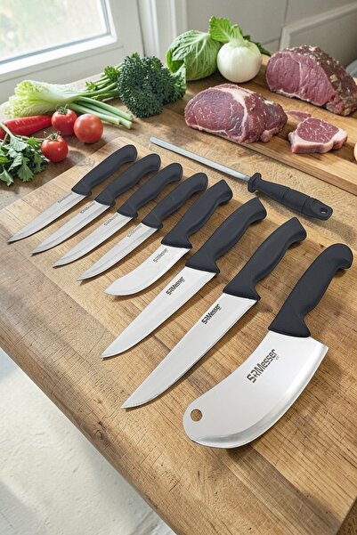 SRMesser 1881 9 Parça Dövme Çelik Kurban Seti Bıçak Takımı - Kasap Yüzme Ekme...