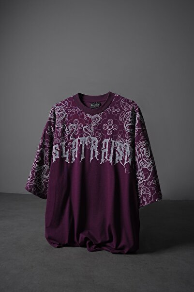 Slatra تيشيرت رجالي من Mürdüm Slatraism Embossed مطبوع كبير الحجم