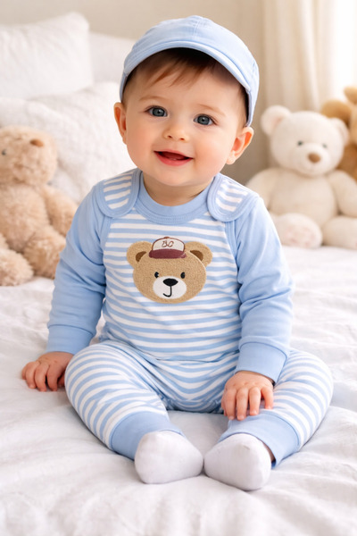 bebekyol Bear Embroidered Striped Baby Set (Beanie Not Included)