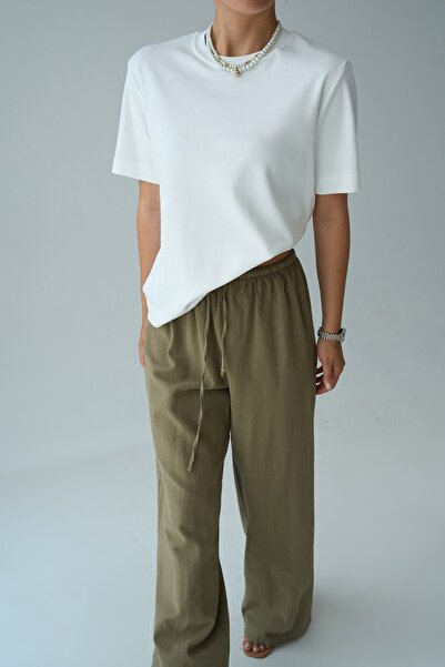 Qu Style Kısa Kol Düz Keten T-Shirt
