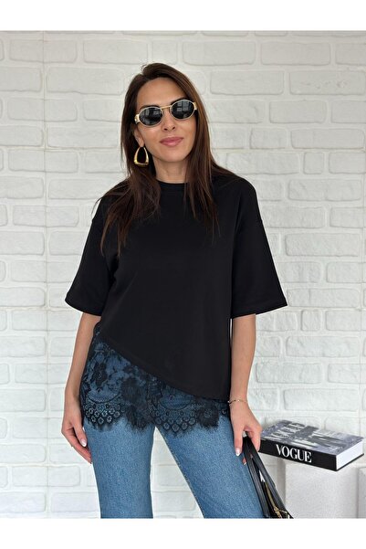 manana fashion Lace Detailed Asymmetrical Cut T-Shirt