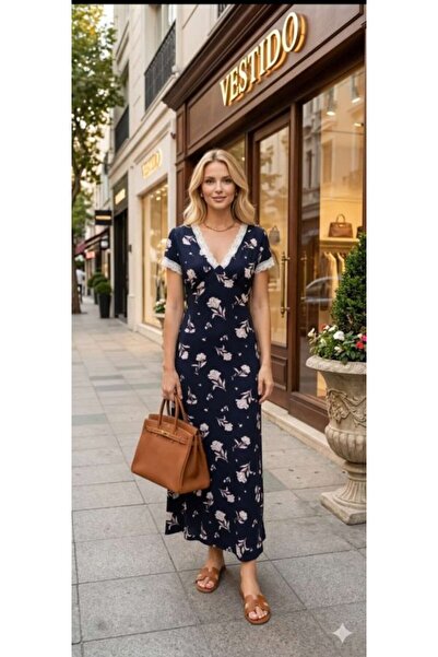 COjans Women's Short Sleeve V-Neck Floral Printed Lace Detail Maxi Length Str...