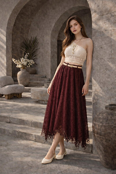 CEEMODA Flok Printed Skirt with Asymmetrical Hem and Elastic Waist Belt Detai...