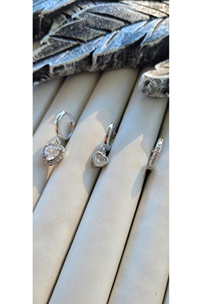 YİĞİTKARANAKSESUAR Zircon Stone Silver Color Heart-Shaped 3-Piece Earring Set