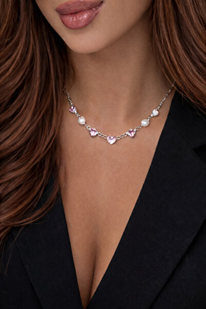Sukugift Pembe Kalp Taşlı İnci Kalp Detaylı Kolye – Romantik Kadın Kolye