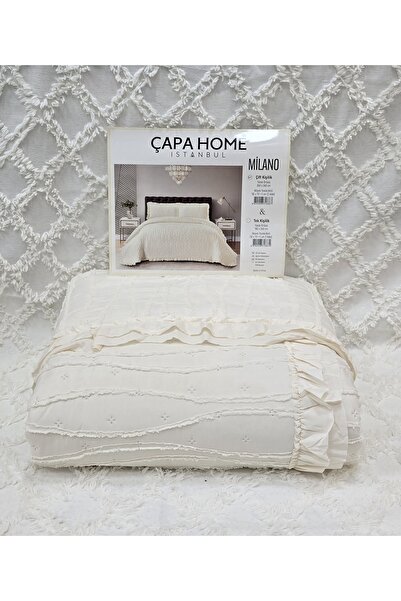Çapa Home Milano Stone Wash Bearded Ultrasonic Ruffled Double Bedspread Cream