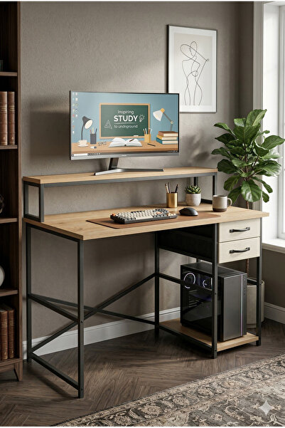 miyuhome 2 Çekmeceli 2 Raflı Çalışma Masası Deri Çekmeceli Oyuncu Masası Rafl...