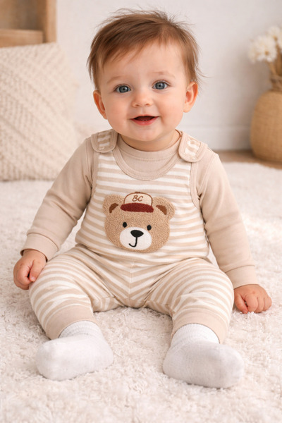 bebekyol Bear Embroidered Striped Baby Set