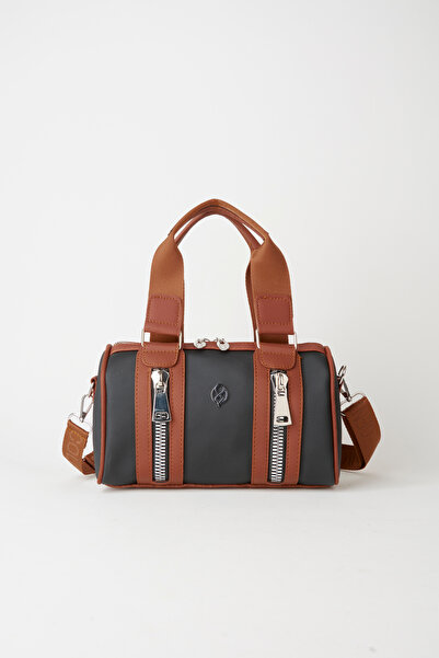 Vivaq Women's Black Tan Lily Cylinder Zipper Closure Column Strap Handbag and...