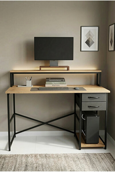 miyuhome 2 Çekmeceli 2 Raflı Çalışma Masası Deri Çekmeceli Oyuncu Masası Rafl...