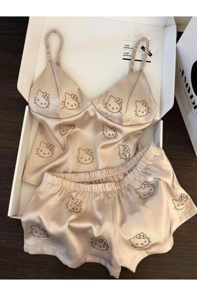 BALİNA Bej Premium Saten Kumaş Kitty Taş Baskılı Alt-Üst Takım - The Solo