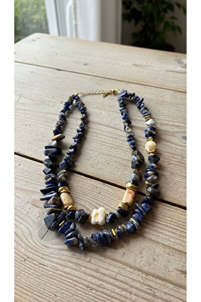 SR Jewelry Box Mavi Doğal Taş Kolye – Çift Sıralı Detaylı Bohem Şık Tasarım