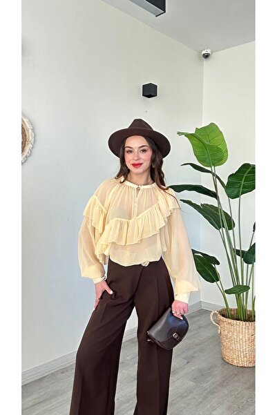 modadagiyim Women's Drapey Chiffon Shirt Blouse with Shirring and Sleeve Deta...