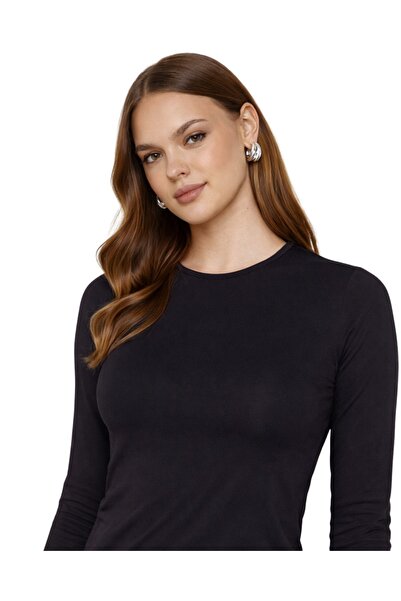 Dovil Body negru guler rotund basic Ultra Soft bumbac pentru femei cu mânecă ...