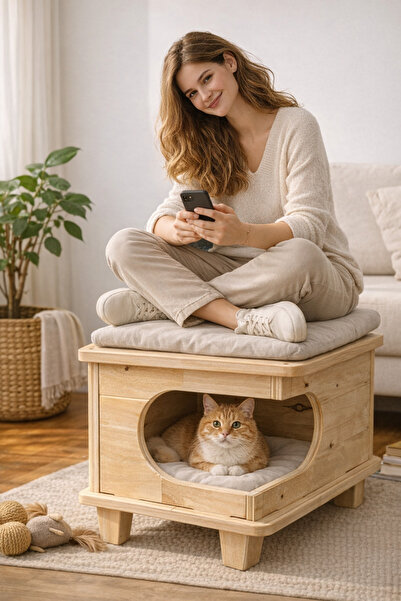 Ozdamar Marketing 2'si 1 Arada Doğal Ahşap Kedi Evi ve Tabure – Kuzu Yünü Min...