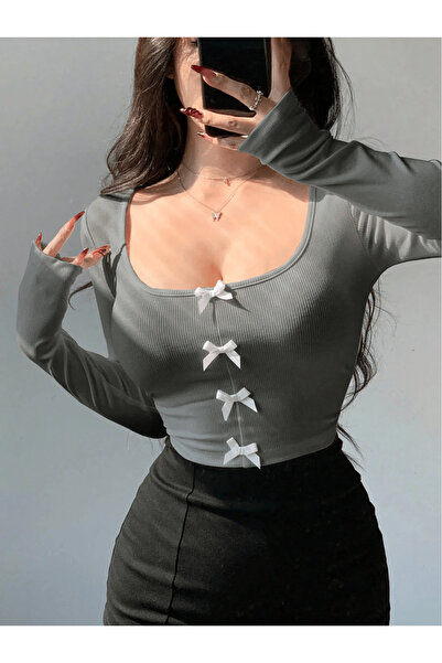 nomely Kurdele Detaylı Gri Kare Yaka Fitilli Örme Crop Bluz