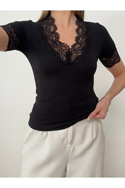 BY SE'MAS WEAR Δαντέλα Λεπτομερής μπλούζα με λαιμόκοψη V κοτλέ ελαστικό ύφασμ...