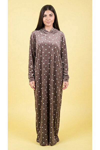 levanapajamas Women's long polka dot house dress in brown with a hat – comfor...