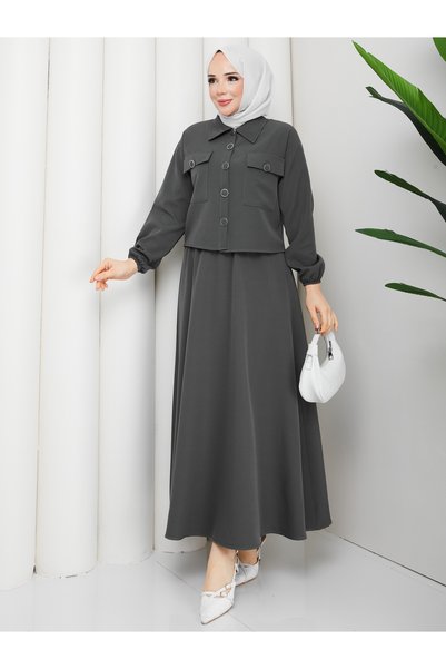 MİHRİZAR Hürrem Double Fabric Button Detailed Stylish Hijab Skirt Jacket Double Set