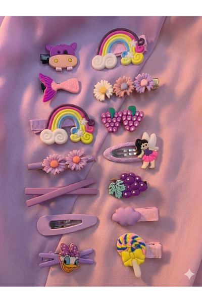GLOWILLA 14 Parça Lüks Figürlü Kız Çocuk Saç Tokası Seti - Mor Lila Seri - He...