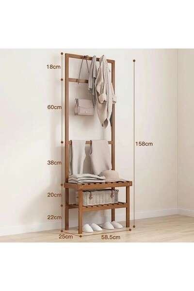 Ev dekka Çok Amaçlı Konforlu Ayaklı Askılık - Ayakkabılık Raflı Ahşap Portmanto