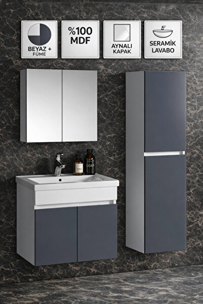 Multi Series 55 cm +35 cm Beyaz Füme Banyo Dolabı Takımı - Aynalı Lavabolu Ba...