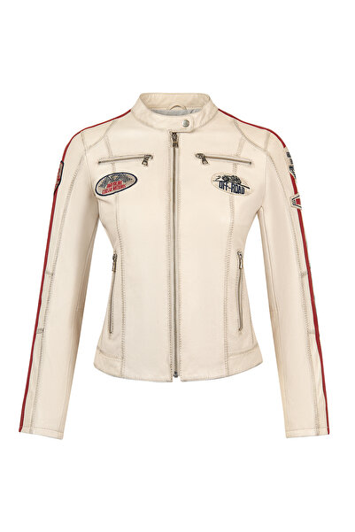 Derimod Ladyracer Women's White Embroidered Slim-Fit Leather Jacket 25Sgm589851