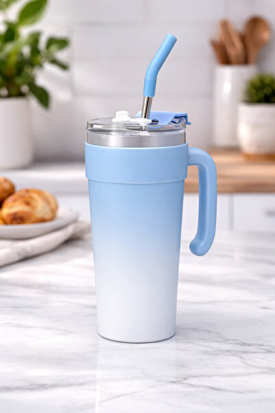 hediyeconcepti Stainless Steel Thermos Cup with Straw and Handle Portable Col...